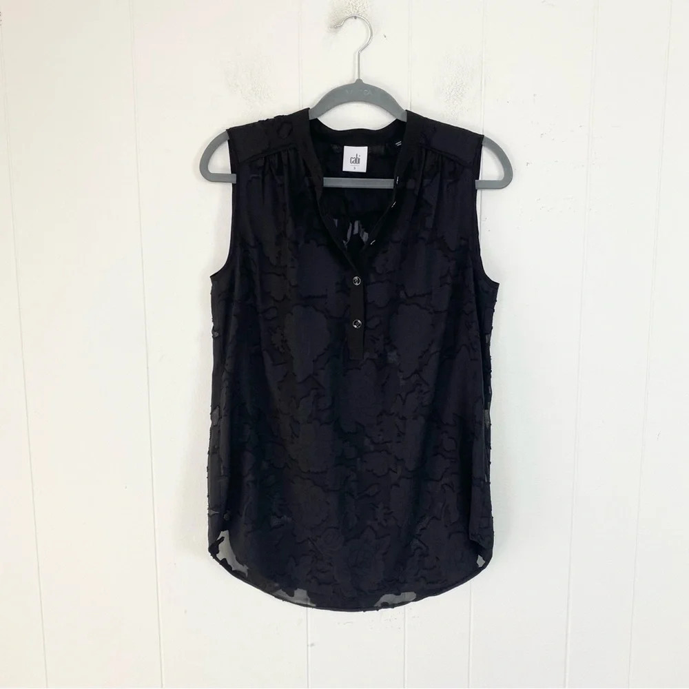 Cabi All Black Floral Sleeveless Lace-Textured Blouse with 5-Buttons, Size S